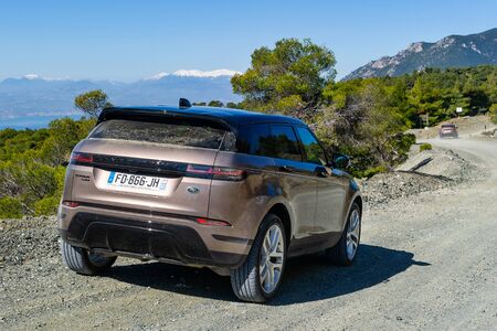 LOUTRAKI, GREECE - MARCH 19, 2019: Rover Evoque near Loutraki, Greeceのeditorial素材