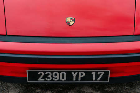 PRAGUE, CZECH REPUBLIC - MARCH 6, 2020: Logo of Porsche vehicle in Prague, Czech Republic, March 6,...