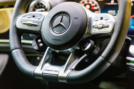 PRAGUE, CZECH REPUBLIC - AUGUST 6, 2020: Steering wheel of Mercedes-Benz AMG vehicle in Prague, Czech Republic, August 6, 2020のeditorial素材