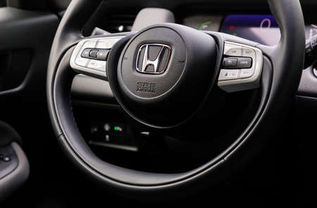 PRAGUE, CZECH REPUBLIC - OCTOBER 6, 2020: Steering wheel of Honda vehicle in Prague, Czech Republic, October 6, 2020のeditorial素材