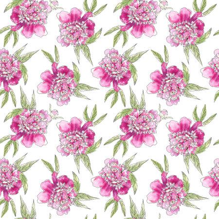 Watercolor abstract stain seamless pattern. Hand draw seamless pattern of peonies in sketch style. Design for fabric, wallcovering, postcards, invitations, paper for scrapbooking, or wrapping paper.の写真素材