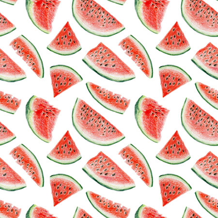 Watermelons seamless pattern hand drawn with color pencils. Design for fabric, wallcovering, postcards, invitations, paper for scrapbooking.の写真素材