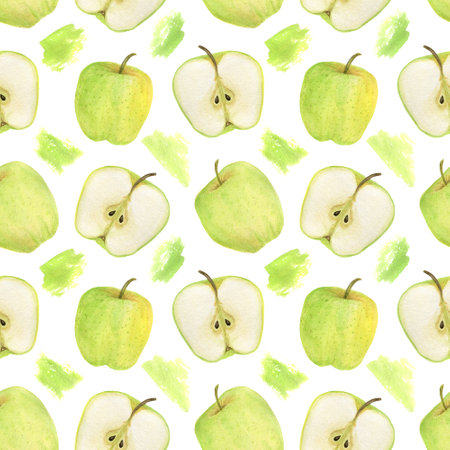 watercolor seamless pattern. Apples and abstract watercolor stains on white background. hand draw. Design for fabric, wallcovering, postcards, invitations, paper for scrapbooking or wrapping paper.の写真素材