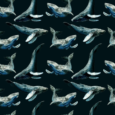 Whales seamless pattern. Hand draw watercolor illustration. Design for fabric, wallcovering, postcards, invitations, paper for scrapbooking.の写真素材
