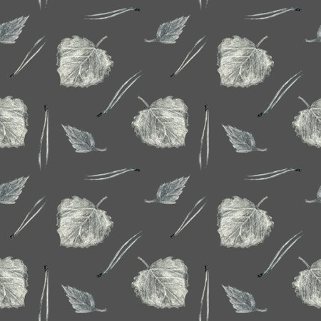 Forest seamless pattern. Aspen leaves and pine needles. pencil graphics. hand drawn. Design for fabric, wallcovering, postcards, invitations, paper for scrapbooking.の写真素材
