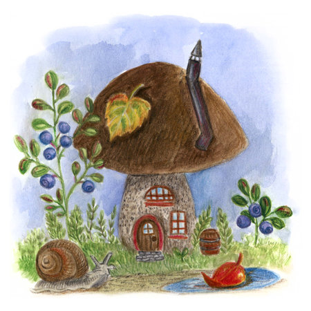 Fabulous autumn mushroom house. Watercolor illustration with colored pencils. Design for a postcard, invitation or t-shirt.の写真素材