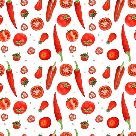 Watercolor red peppers and tomatoes seamless pattern on white background. Design for fabric, wallcovering, postcards, invitations, paper for scrapbooking.の写真素材