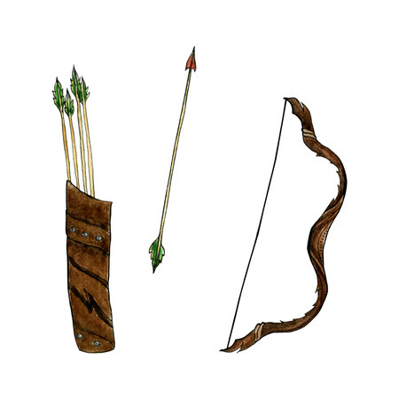 Watercolor illustration in sketch style. Bow, arrows and quiver on a white background.