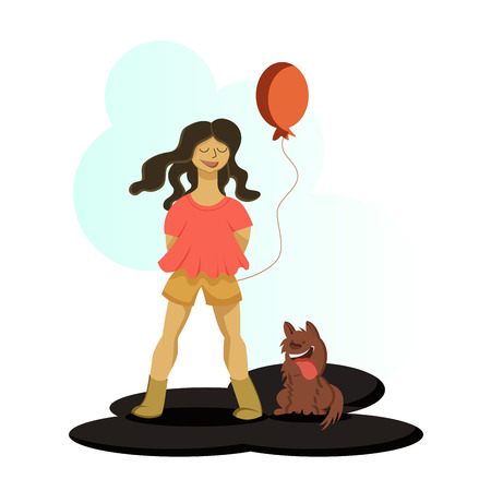 A girl holding a baloon standing with her dog and smilingのイラスト素材