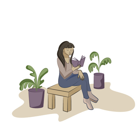 Young woman reading a book on the chair. Flat style vector illustration.のイラスト素材