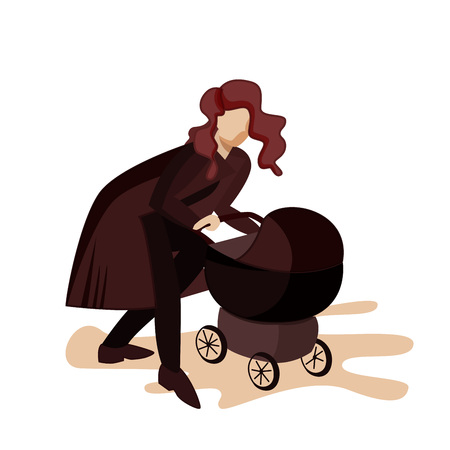Young mother walking with a newborn that is in the pram. Vector illustration of a flat designのイラスト素材