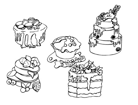 Set of vector desserts for design. Scetch style and modern technique. Very cute and tasty