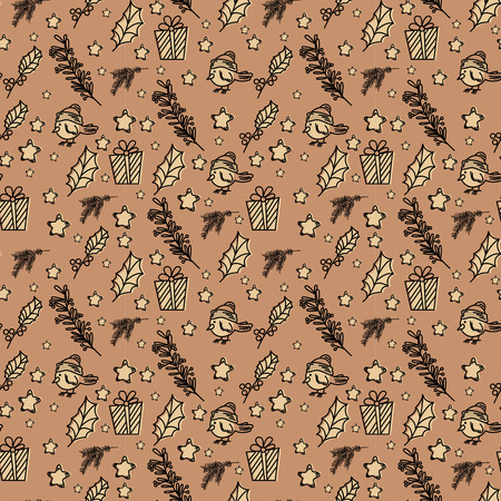 Seamless pattern with gifts and birds on cream background with branches all round. For wrapping papers and decorative usesのイラスト素材