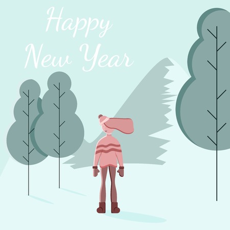 Flat illustration of young female standing on the mountain background with waving hairの写真素材