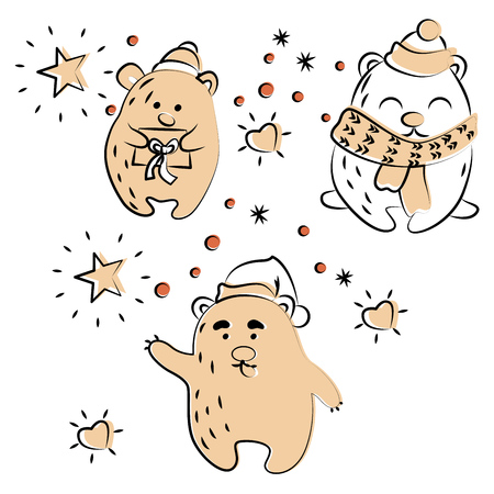 Hand-drawn vector doodle set of holiday cartoon bears holding a gift and waving a pawのイラスト素材