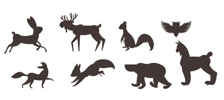 Vector set of winter animals on white background drawn in flat style