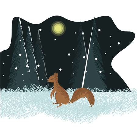 Vector llustration with squirrel sitting at night in the forest and thinking about the holidays coming on the background with snow and silent treesのイラスト素材