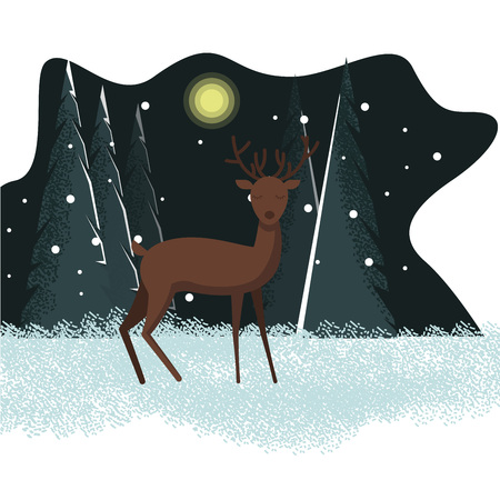 Vector winter holiday flat illustration with winter snow background and deer character in front, standing and looking in the forest in winter with the moon high aboveのイラスト素材