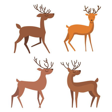 Vector set of four deer standing in different poses on the white background. Flat drawn kids style deer for different purposesのイラスト素材