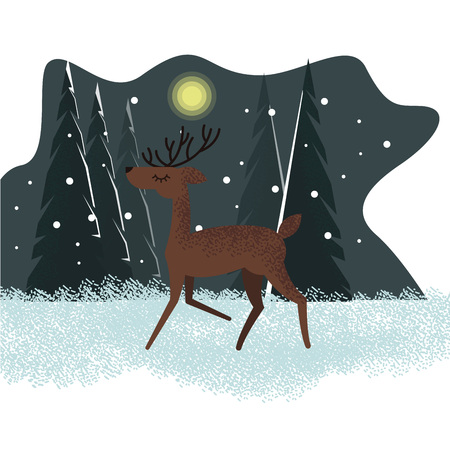 Vector flat drawn illustration with deer running in the forest with closed eyes and cute winter holiday background with snowflakes and trees and bushes behindのイラスト素材