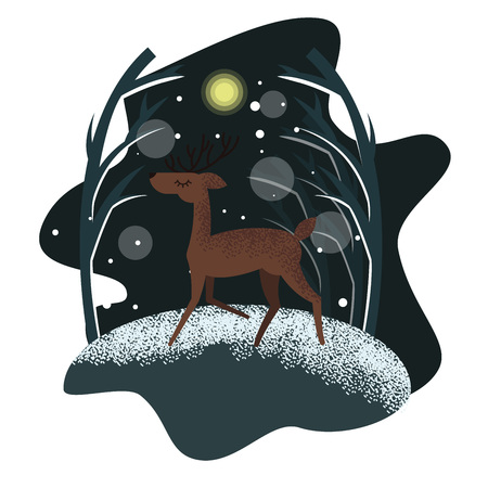 Vector flat drawn illustration with deer running in the forest with closed eyes and cute winter holiday background with snowflakes and trees and bushes behindのイラスト素材