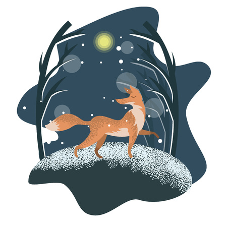 Vector forest winter creature walking throught forest in cold winter weather. Postcard with beautiful background landscapes drawn in flat contemporary style with trees and snowfallのイラスト素材