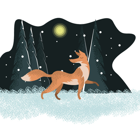 Vector forest winter creature walking throught forest in cold winter weather. Postcard with beautiful background landscapes drawn in flat contemporary style with trees and snowfallのイラスト素材