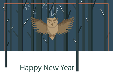 Vector flat winter postcard with flying in the forest owl and cute night backgroundのイラスト素材