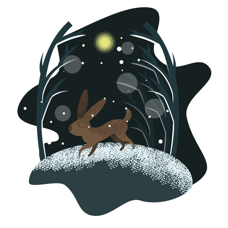Vector cute childish flat drawn illustration with running rabbit and colorful winter backgroundのイラスト素材