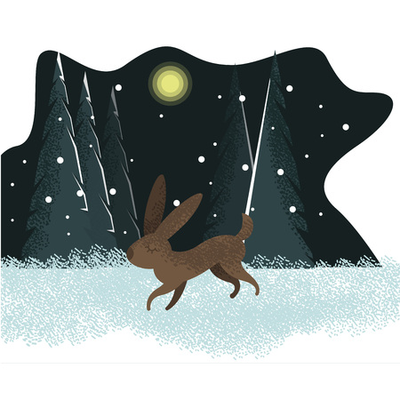 Vector cute childish flat drawn illustration with running rabbit and colorful winter backgroundのイラスト素材