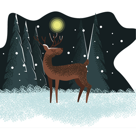 Vector flat drawn childish deer illustration with copy space and colorful winter backgroundのイラスト素材