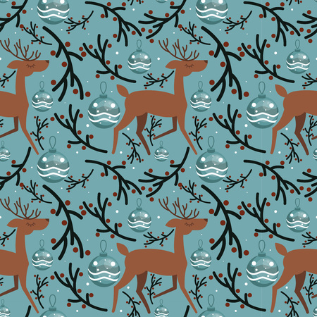 Vector snowy illustrated seamless paper with cartoon reindeer and decorative balls with green fir branches on the back repeated all around the patternのイラスト素材