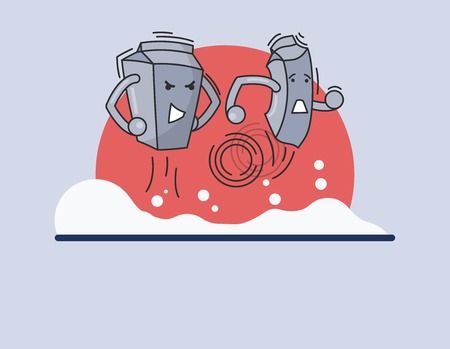Two funny vector cartons of milk talking to each other, not agreeing on some points and starting to argue with one another waving their hands in such a way the dust raising upのイラスト素材