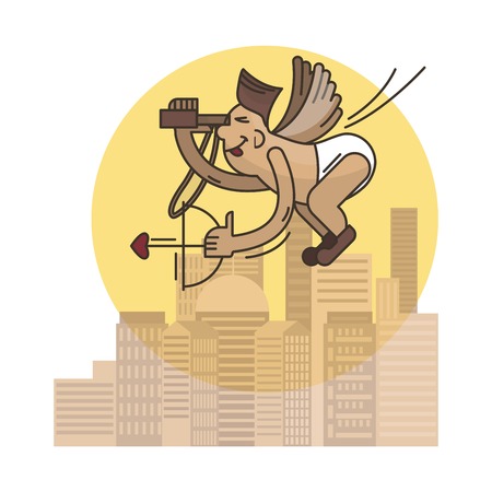 Flat vector cartoon illustration with bow-boy in knockers flying high in the sky with binocular and...