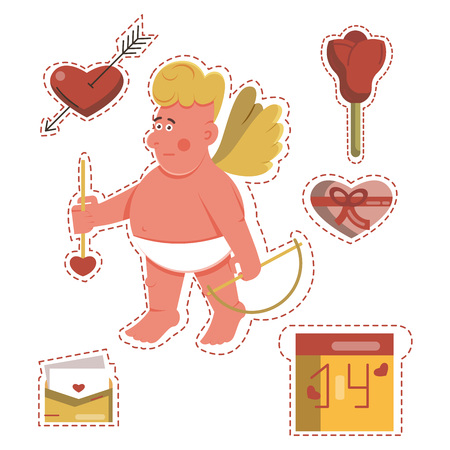 Vector collection of cute cartoon Cupid standing with arrow and bow and isolated festive object stickers on white backgroundのイラスト素材