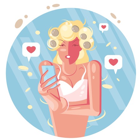 Young girl taking photo indoors and posting it in social mediaのイラスト素材