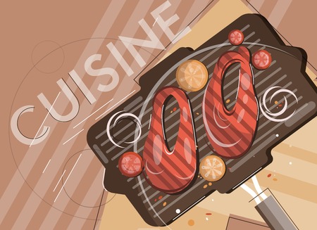 Vector flat barbeque illustration. View from above. Salmon grilled appetizing steak - Vector Fileのイラスト素材