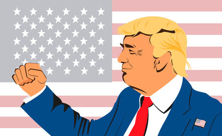 Flat Vector Drawn light haired American pilitician staying with his fist clasped and with little smile on his face with the american flag on the background. Vectot fileのイラスト素材