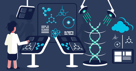 Young female standing and doing the research with the DNA on the screen in the laboratory. Analyzing...