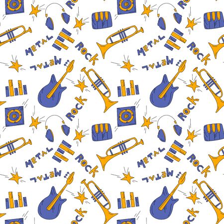 Doodle seamless pattern. Hippie music cartoon illustration. Disco party. Retro, vintage backdrop. Musical pop concert, festival, live event background, wallpaper color designのイラスト素材