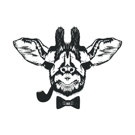 Pretty Hand Drawn Giraffe Muzzle Holding Pipe in Mouth Vector Illustration. Sketched Detailed Savannah Long-Necked Animalのイラスト素材