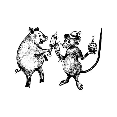Rat with Long Tail as New Year Symbol Drinking Champagne with Symbol of Previous Year Pig Vector Illustration. Conceptual Sketched Drawn Image. Mammal Caricatureのイラスト素材