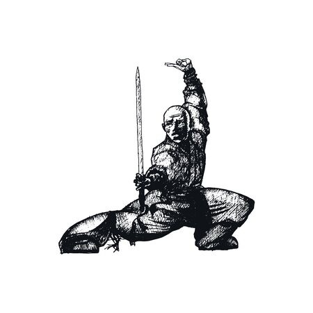 Ninja Soldier Male with Weapon Isolated on White Background Vector Sketched Illustration. Oriental Martial Art Conceptのイラスト素材