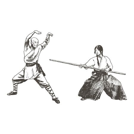 Japanese or Asian Woman Standing in Fighting Pose Opposite the Attacking Man Vector Illustration. Hand Drawn Female Practising Martial Art Conceptのイラスト素材