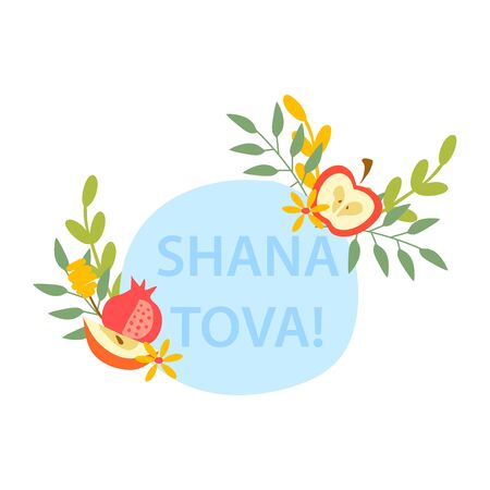 Jewish New Year Symbolic Composition with Apple, Pomegranate and Floral Elements Vector Illustration. Flower Arrangement with Shana Tova Inscription for Postcard and Greeting Cardのイラスト素材