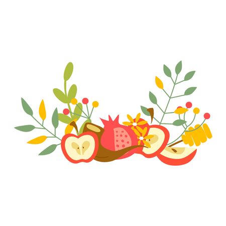 Jewish New Year Symbolic Composition with Apple, Pomegranate and Floral Elements Vector Illustration. Flower Arrangement for Postcard and Greeting Cardのイラスト素材