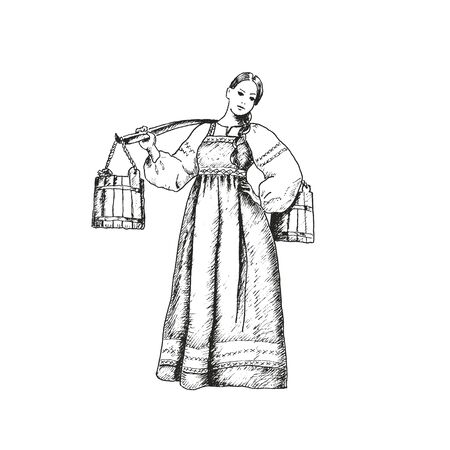 Girl Wearing Russian Traditional Clothing Carrying Heavy Buckets with Water Vector Illustration. Hand Drawn Female and Shoulder Yokeのイラスト素材