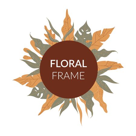 Circular Shape with Floral Elements Framed It Vector Illustration. Card Front Design Template with Bright Abstract Foliage and Branchesのイラスト素材