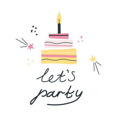 Handwritten Modern Lettering of Happy Birthday with Cake and Candles Vector Illustration. Minimalistic Holiday Design with Layered Cake and Fireworksのイラスト素材