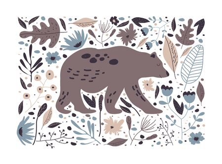 Rectangular Floral Poster with Bear Striding in Forest Vector Illustration. Wild Animal Poster and Wood Botanyのイラスト素材